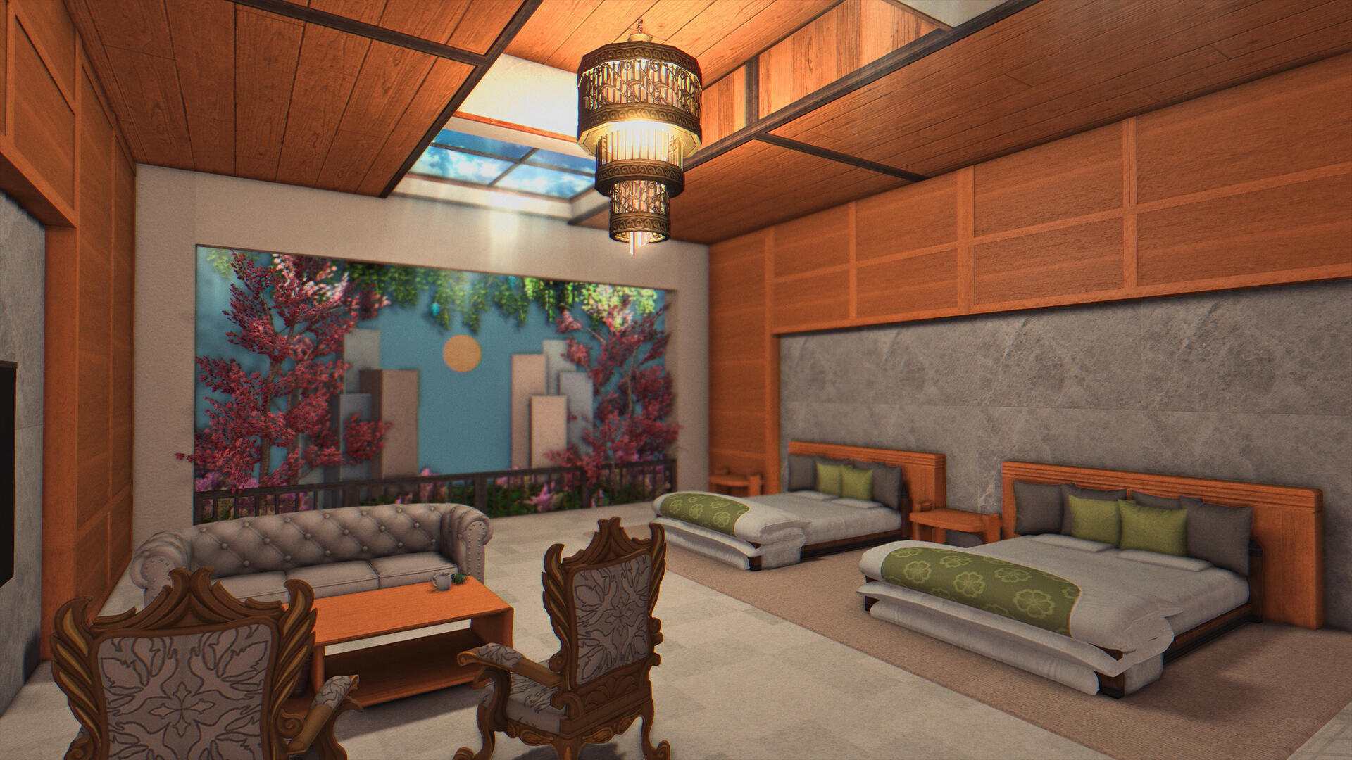 This cozy, sunlit room features a vibrant garden mural, serene decor, and a skylight filling the space with natural light. Large windows offer urban views, while plush seating and spacious beds invite relaxation or intimate moments.