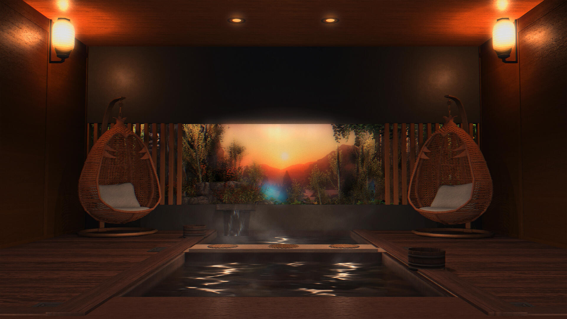 This tranquil room features a soothing hot tub framed by warm wooden panels and a sunset mural. Ambient lighting and hanging wicker chairs create a peaceful retreat, perfect for unwinding alone or with company.