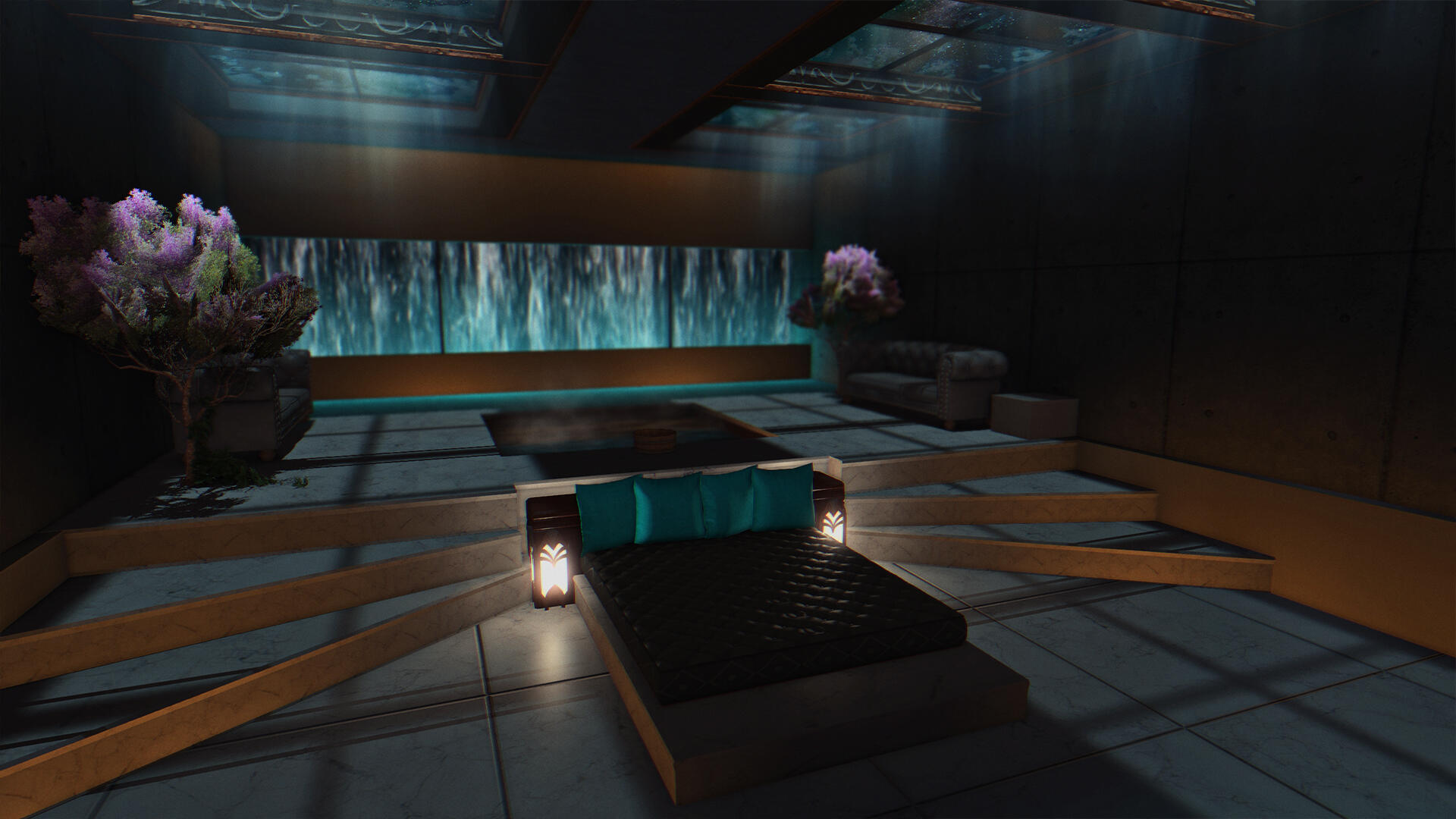 Retreat to a luxurious haven with a central hot tub, cascading water, and soft lighting. Plush seating, a skylight, and lush greenery create a serene ambiance, while the elegant centerpiece bed invites comfort and connection.